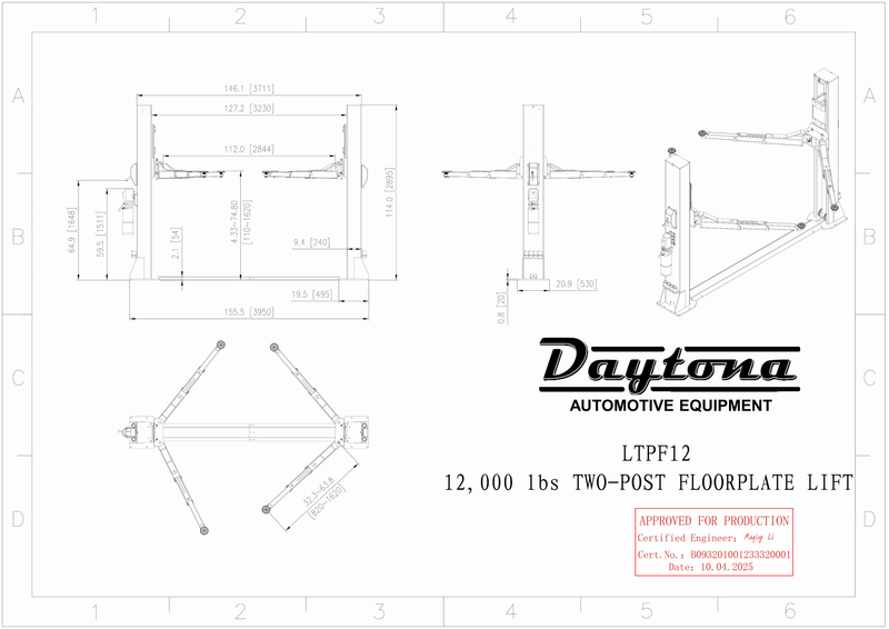 Daytona LTPF12 12,000 lb Floorplate 2-Post Lift