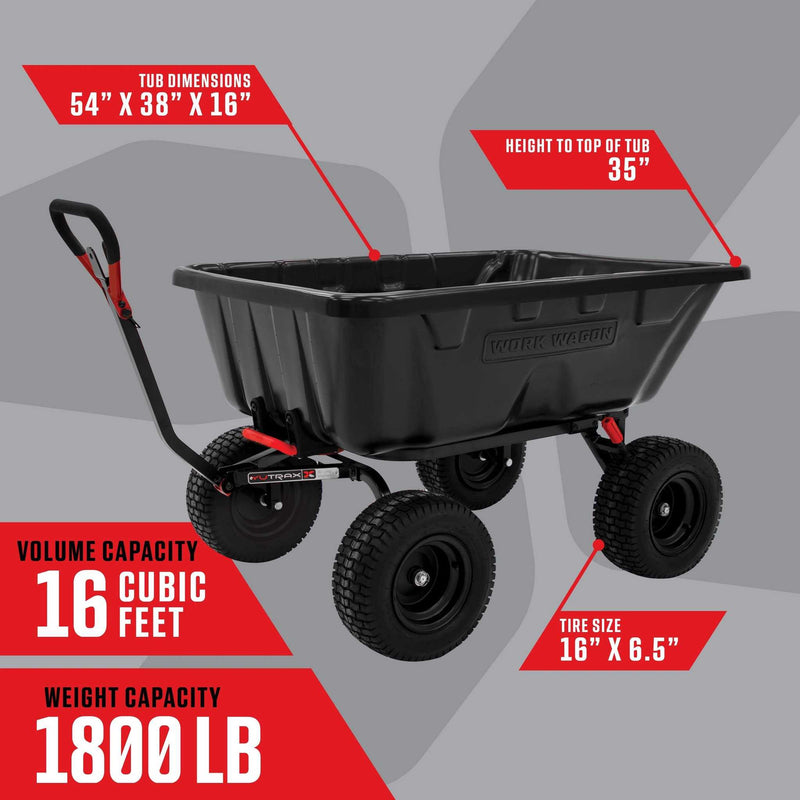 Yutrax Work Wagon Tow Behind Dump Cart | 1,800 lb | 16 cu ft | Poly Tub | Steel Frame