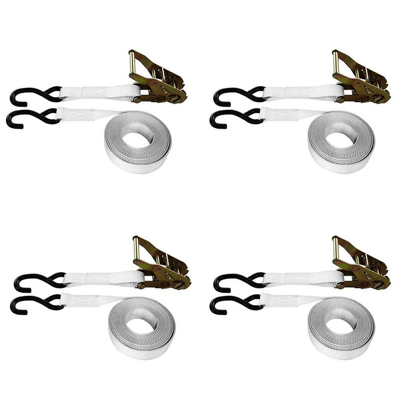 Cargo Equipment Corp 1 in Ratchet Straps with Vinyl-Coated S-Hooks | 4-Pack | 733 lb WLL per Strap | 10 ft | White