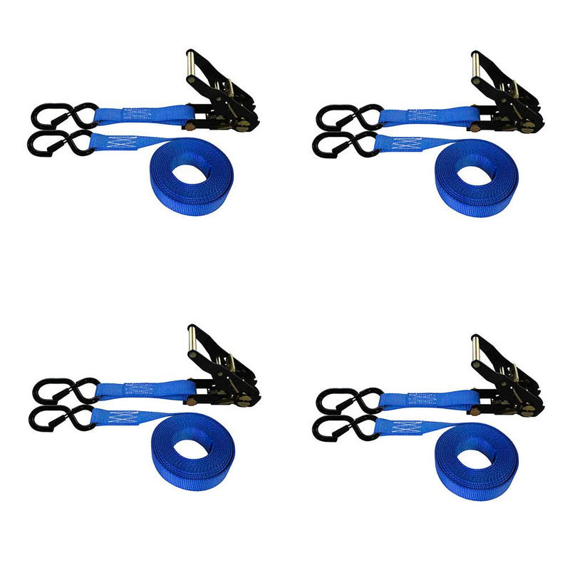 Cargo Equipment Corp 1 in Straps with Black Ratchet and S-Hooks with Keepers | 4-Pack | 585 lb WLL per Strap | 8 ft | Blue