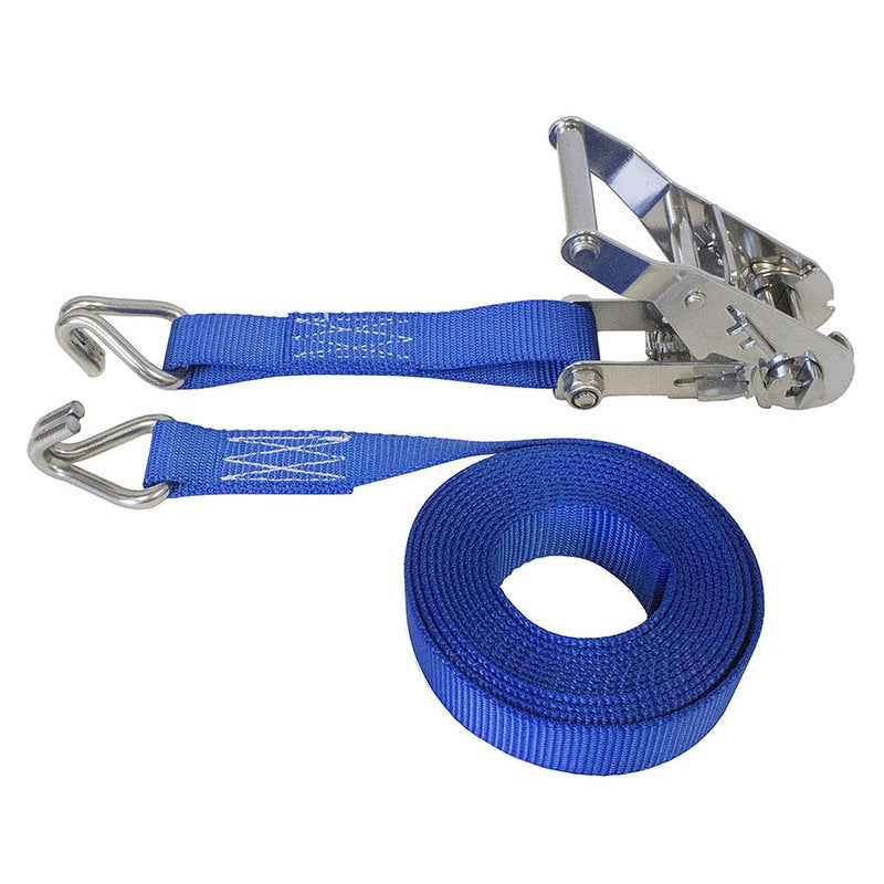 Cargo Equipment Corp 1 in Stainless Steel Ratchet Strap with Wire Hooks | 700 lb WLL | 8 ft | Blue