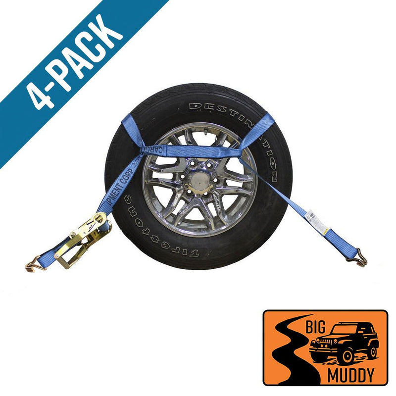Cargo Equipment Corp Big Muddy 2 in Oversized Tire Ratchet Straps with Wire Hooks | 4-Pack | 3,333 lb WLL | 10 ft | Blue