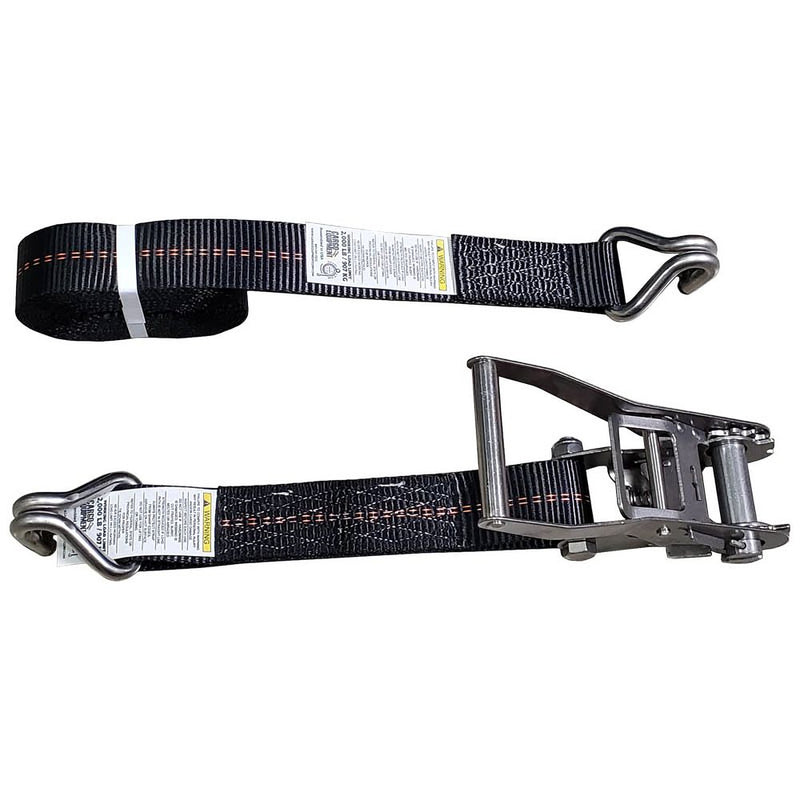 Cargo Equipment Corp 2 in Stainless Steel Ratchet Strap with Wire Hooks | 2,200 lb WLL | 15 ft | Black